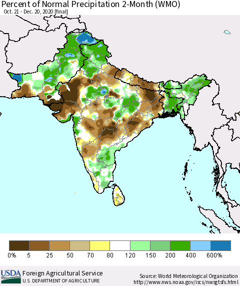 Southern Asia Percent of Normal Precipitation 2-Month (WMO) Thematic Map For 10/21/2020 - 12/20/2020