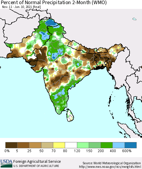 Southern Asia Percent of Normal Precipitation 2-Month (WMO) Thematic Map For 11/11/2020 - 1/10/2021
