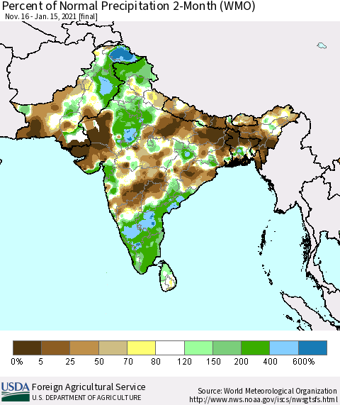 Southern Asia Percent of Normal Precipitation 2-Month (WMO) Thematic Map For 11/16/2020 - 1/15/2021
