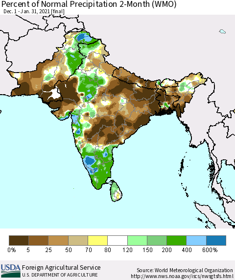 Southern Asia Percent of Normal Precipitation 2-Month (WMO) Thematic Map For 12/1/2020 - 1/31/2021