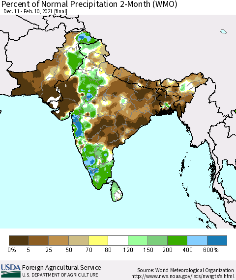 Southern Asia Percent of Normal Precipitation 2-Month (WMO) Thematic Map For 12/11/2020 - 2/10/2021
