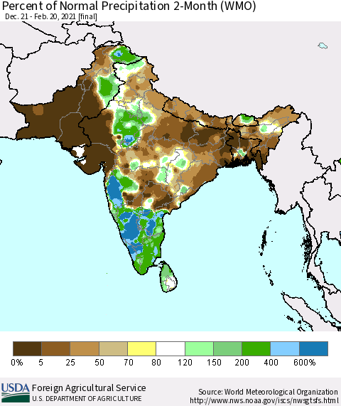 Southern Asia Percent of Normal Precipitation 2-Month (WMO) Thematic Map For 12/21/2020 - 2/20/2021