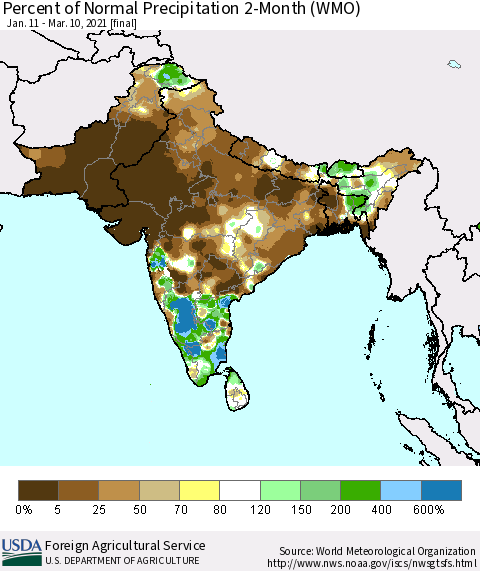 Southern Asia Percent of Normal Precipitation 2-Month (WMO) Thematic Map For 1/11/2021 - 3/10/2021