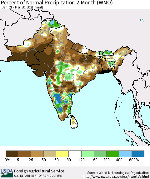 Southern Asia Percent of Normal Precipitation 2-Month (WMO) Thematic Map For 1/21/2021 - 3/20/2021