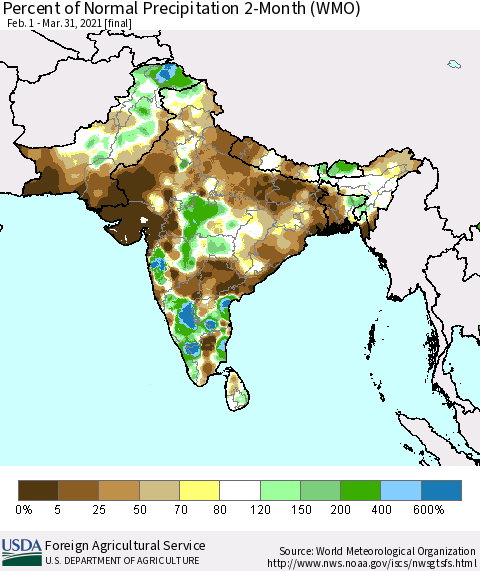 Southern Asia Percent of Normal Precipitation 2-Month (WMO) Thematic Map For 2/1/2021 - 3/31/2021