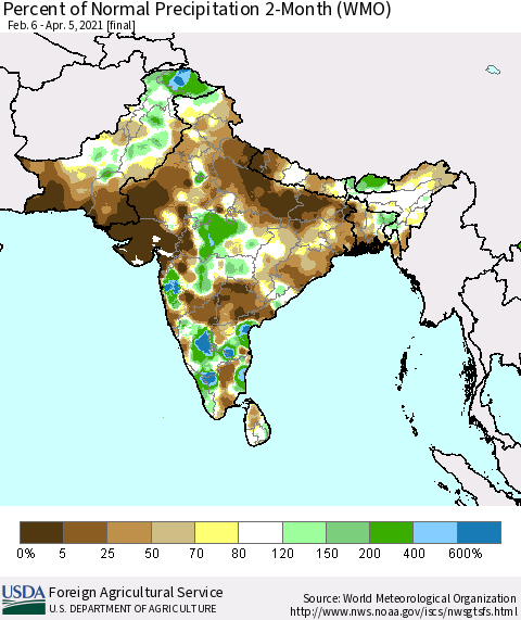 Southern Asia Percent of Normal Precipitation 2-Month (WMO) Thematic Map For 2/6/2021 - 4/5/2021