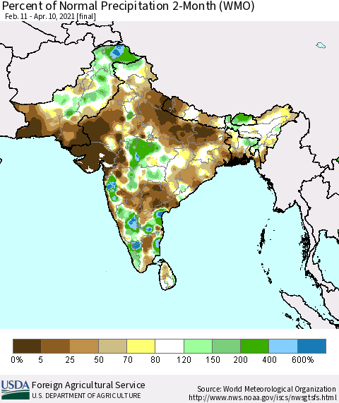 Southern Asia Percent of Normal Precipitation 2-Month (WMO) Thematic Map For 2/11/2021 - 4/10/2021