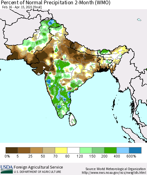 Southern Asia Percent of Normal Precipitation 2-Month (WMO) Thematic Map For 2/16/2021 - 4/15/2021