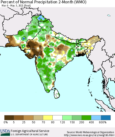 Southern Asia Percent of Normal Precipitation 2-Month (WMO) Thematic Map For 3/6/2021 - 5/5/2021