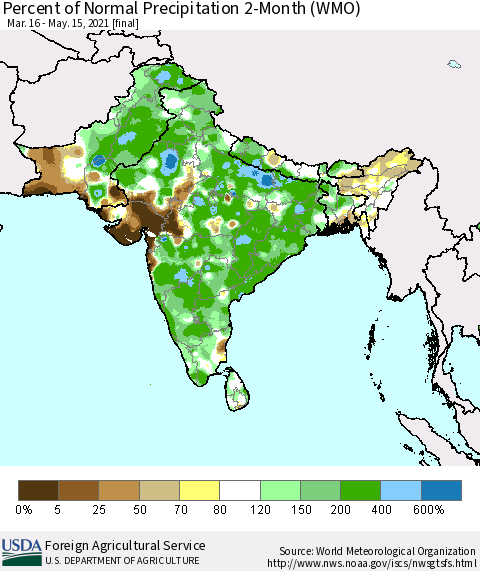Southern Asia Percent of Normal Precipitation 2-Month (WMO) Thematic Map For 3/16/2021 - 5/15/2021