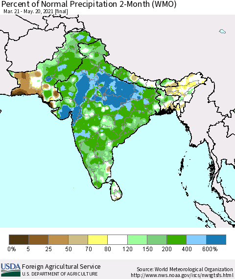 Southern Asia Percent of Normal Precipitation 2-Month (WMO) Thematic Map For 3/21/2021 - 5/20/2021