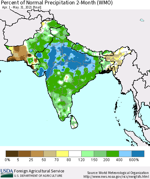 Southern Asia Percent of Normal Precipitation 2-Month (WMO) Thematic Map For 4/1/2021 - 5/31/2021
