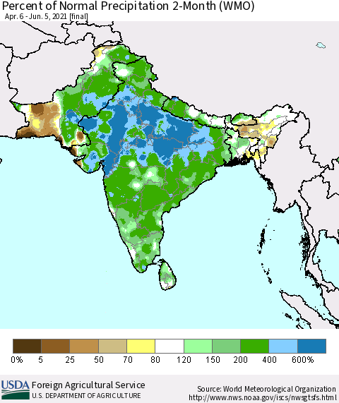 Southern Asia Percent of Normal Precipitation 2-Month (WMO) Thematic Map For 4/6/2021 - 6/5/2021