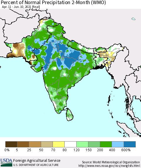 Southern Asia Percent of Normal Precipitation 2-Month (WMO) Thematic Map For 4/11/2021 - 6/10/2021