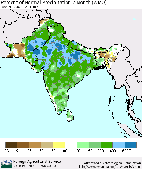 Southern Asia Percent of Normal Precipitation 2-Month (WMO) Thematic Map For 4/21/2021 - 6/20/2021