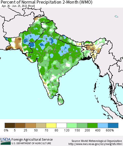 Southern Asia Percent of Normal Precipitation 2-Month (WMO) Thematic Map For 4/26/2021 - 6/25/2021
