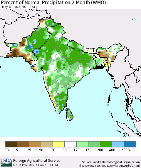 Southern Asia Percent of Normal Precipitation 2-Month (WMO) Thematic Map For 5/6/2021 - 7/5/2021
