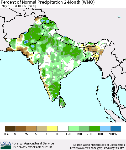 Southern Asia Percent of Normal Precipitation 2-Month (WMO) Thematic Map For 5/11/2021 - 7/10/2021