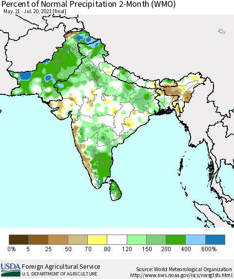 Southern Asia Percent of Normal Precipitation 2-Month (WMO) Thematic Map For 5/21/2021 - 7/20/2021