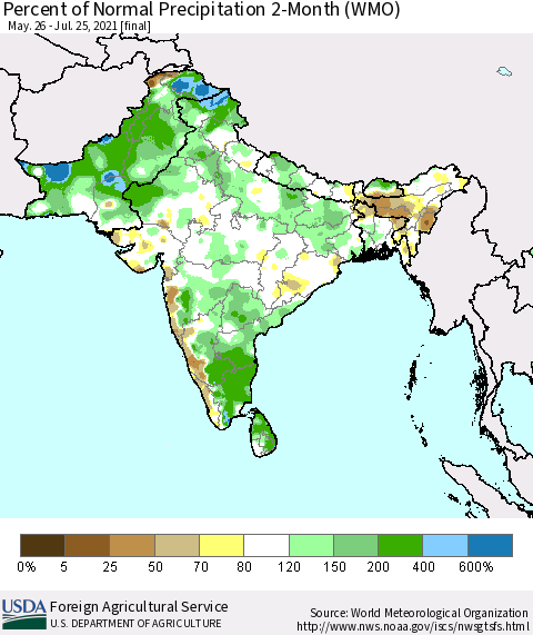 Southern Asia Percent of Normal Precipitation 2-Month (WMO) Thematic Map For 5/26/2021 - 7/25/2021