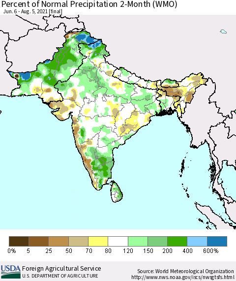 Southern Asia Percent of Normal Precipitation 2-Month (WMO) Thematic Map For 6/6/2021 - 8/5/2021