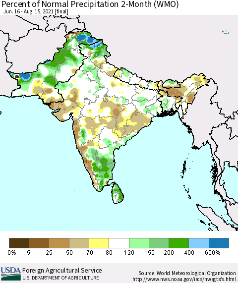 Southern Asia Percent of Normal Precipitation 2-Month (WMO) Thematic Map For 6/16/2021 - 8/15/2021