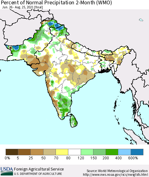 Southern Asia Percent of Normal Precipitation 2-Month (WMO) Thematic Map For 6/26/2021 - 8/25/2021