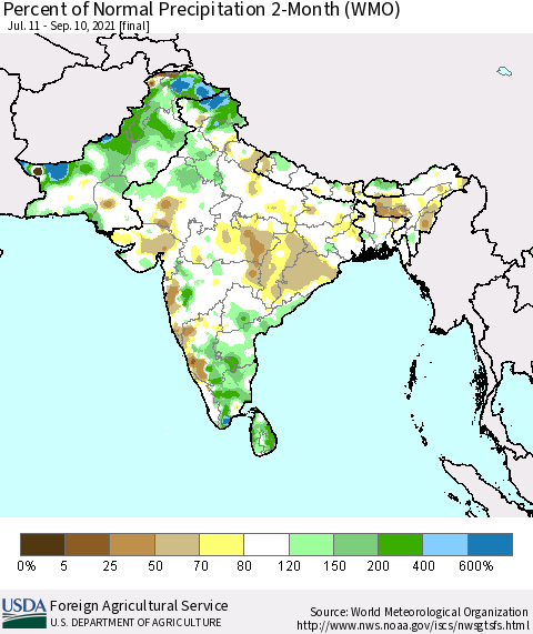 Southern Asia Percent of Normal Precipitation 2-Month (WMO) Thematic Map For 7/11/2021 - 9/10/2021