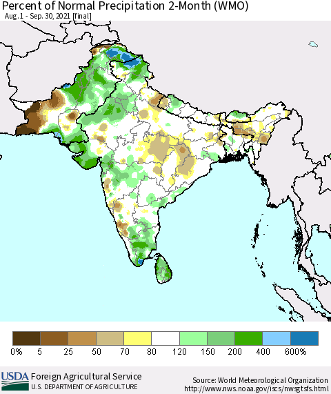 Southern Asia Percent of Normal Precipitation 2-Month (WMO) Thematic Map For 8/1/2021 - 9/30/2021