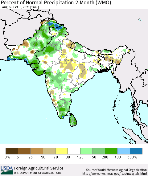 Southern Asia Percent of Normal Precipitation 2-Month (WMO) Thematic Map For 8/6/2021 - 10/5/2021