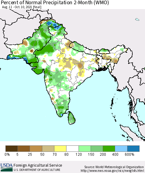 Southern Asia Percent of Normal Precipitation 2-Month (WMO) Thematic Map For 8/11/2021 - 10/10/2021