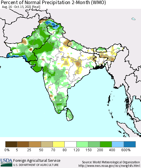 Southern Asia Percent of Normal Precipitation 2-Month (WMO) Thematic Map For 8/16/2021 - 10/15/2021