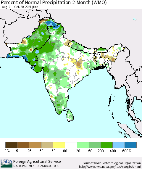 Southern Asia Percent of Normal Precipitation 2-Month (WMO) Thematic Map For 8/21/2021 - 10/20/2021