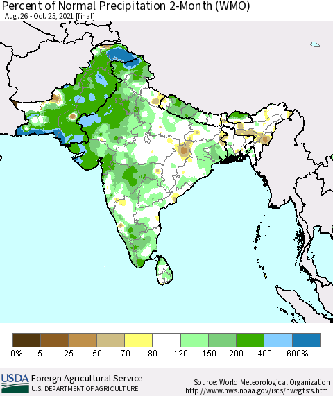 Southern Asia Percent of Normal Precipitation 2-Month (WMO) Thematic Map For 8/26/2021 - 10/25/2021
