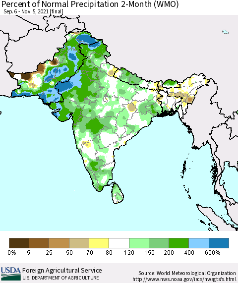 Southern Asia Percent of Normal Precipitation 2-Month (WMO) Thematic Map For 9/6/2021 - 11/5/2021