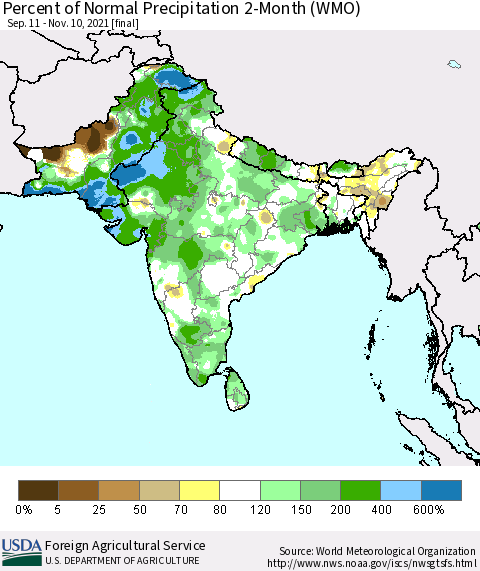 Southern Asia Percent of Normal Precipitation 2-Month (WMO) Thematic Map For 9/11/2021 - 11/10/2021