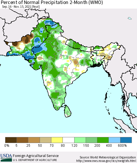 Southern Asia Percent of Normal Precipitation 2-Month (WMO) Thematic Map For 9/16/2021 - 11/15/2021