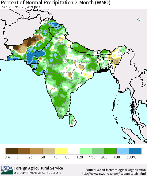 Southern Asia Percent of Normal Precipitation 2-Month (WMO) Thematic Map For 9/26/2021 - 11/25/2021