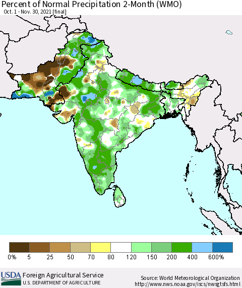 Southern Asia Percent of Normal Precipitation 2-Month (WMO) Thematic Map For 10/1/2021 - 11/30/2021
