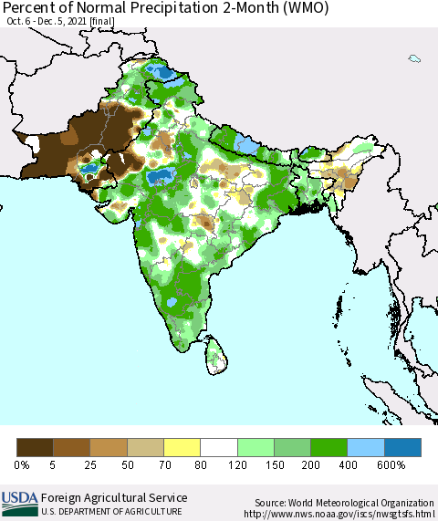 Southern Asia Percent of Normal Precipitation 2-Month (WMO) Thematic Map For 10/6/2021 - 12/5/2021