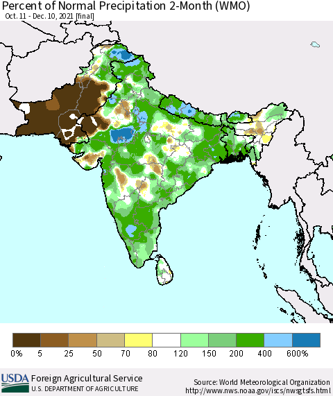 Southern Asia Percent of Normal Precipitation 2-Month (WMO) Thematic Map For 10/11/2021 - 12/10/2021