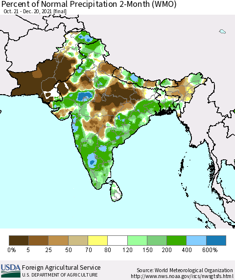 Southern Asia Percent of Normal Precipitation 2-Month (WMO) Thematic Map For 10/21/2021 - 12/20/2021