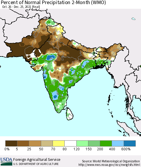 Southern Asia Percent of Normal Precipitation 2-Month (WMO) Thematic Map For 10/26/2021 - 12/25/2021
