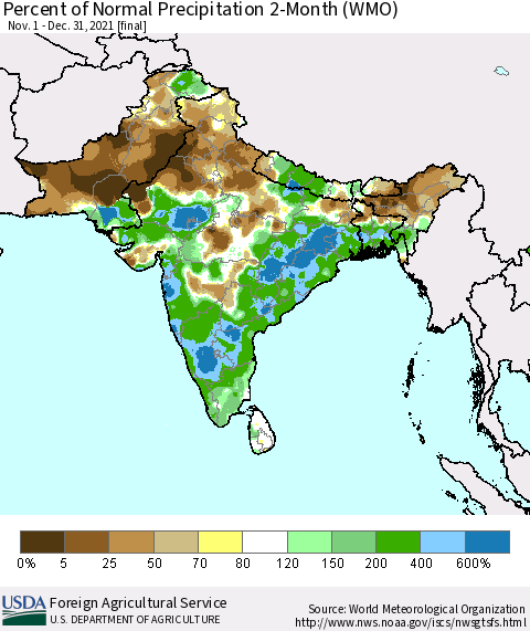 Southern Asia Percent of Normal Precipitation 2-Month (WMO) Thematic Map For 11/1/2021 - 12/31/2021