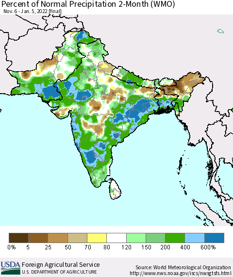 Southern Asia Percent of Normal Precipitation 2-Month (WMO) Thematic Map For 11/6/2021 - 1/5/2022