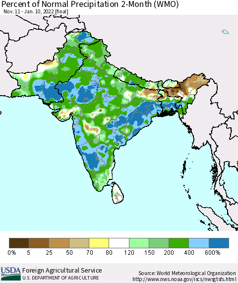 Southern Asia Percent of Normal Precipitation 2-Month (WMO) Thematic Map For 11/11/2021 - 1/10/2022