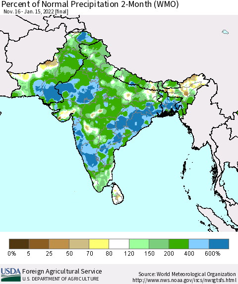 Southern Asia Percent of Normal Precipitation 2-Month (WMO) Thematic Map For 11/16/2021 - 1/15/2022