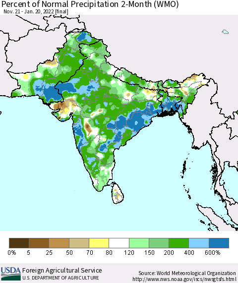 Southern Asia Percent of Normal Precipitation 2-Month (WMO) Thematic Map For 11/21/2021 - 1/20/2022