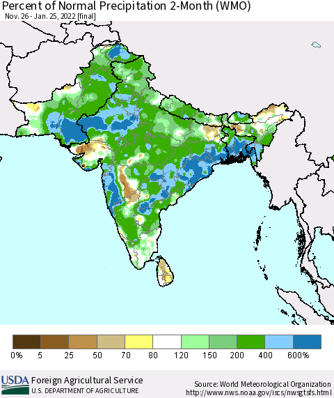 Southern Asia Percent of Normal Precipitation 2-Month (WMO) Thematic Map For 11/26/2021 - 1/25/2022