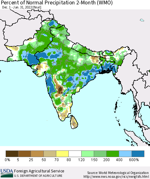 Southern Asia Percent of Normal Precipitation 2-Month (WMO) Thematic Map For 12/1/2021 - 1/31/2022